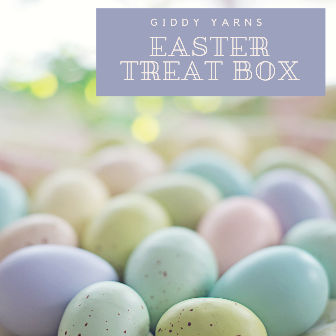 Pastel Easter eggs on a floral fabric with 'Giddy Yarns Easter Treat Box' text.